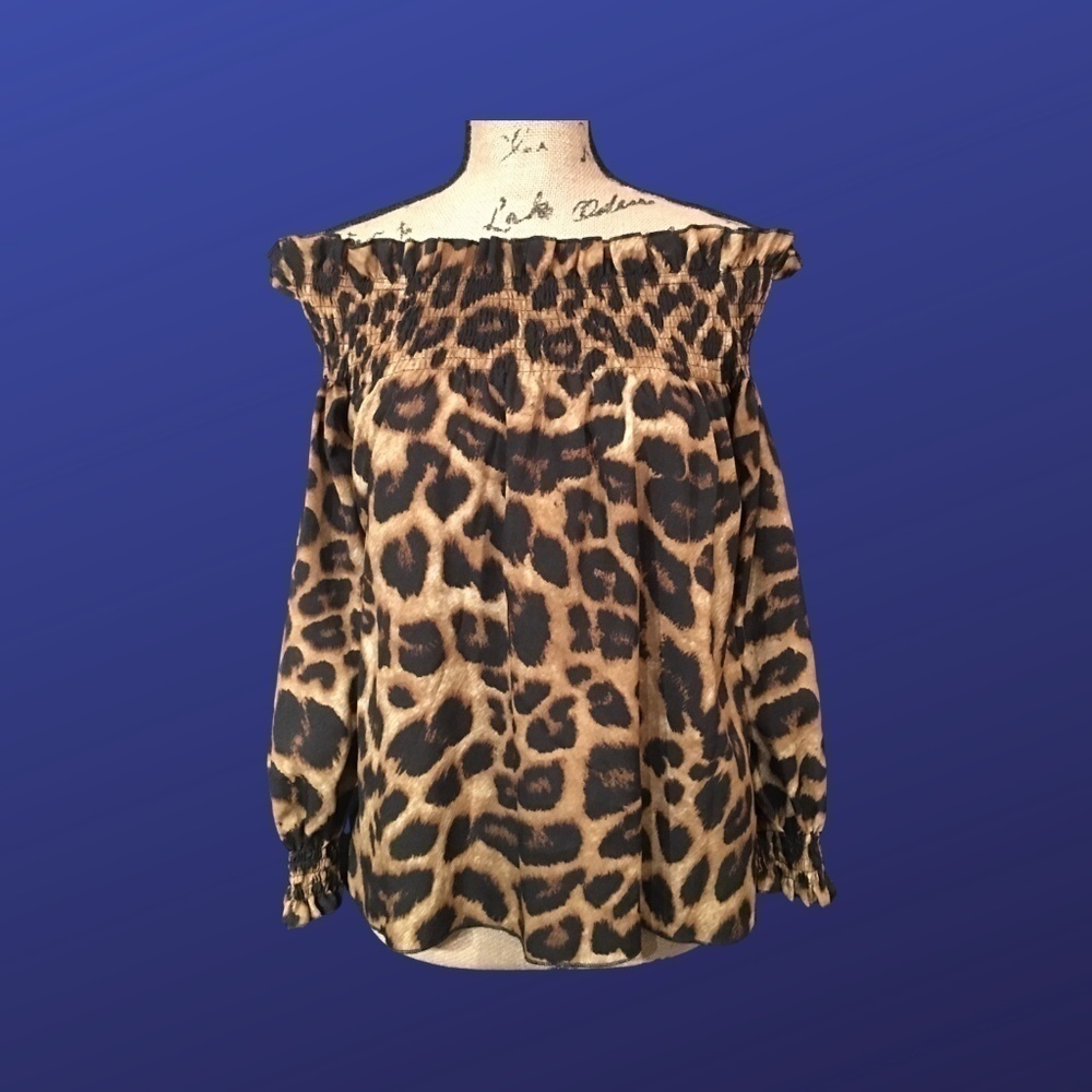 UNBRANDED Off Shoulder Peasant Top, BLACK/BROWN LEOPARD, Women's Small, NWOT